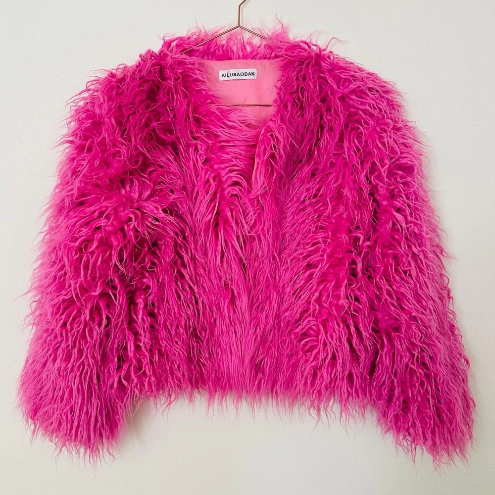 Ailubaodan Hot Pink Faux Fur Jacket Fuchsia - Picture 3 of 7